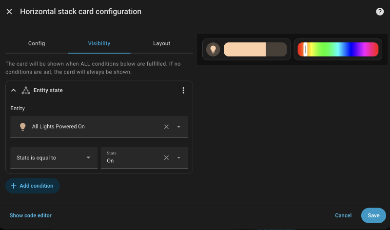 Visibility settings for a horizontal stack