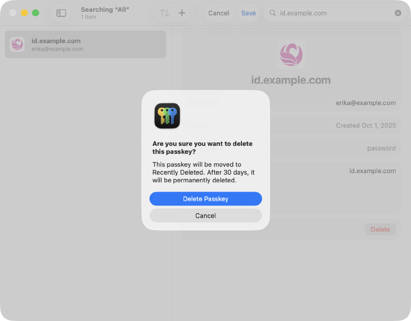 Apple Passwords delete passkey