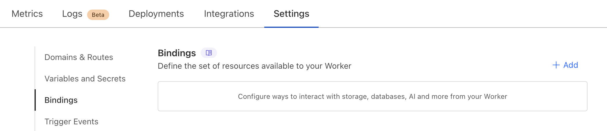 A screenshot of the Cloudflare dashboard showing the Settings menu for the worker with a left menu with Variables selected and a section showing KV Namespace Bindings and a Add binding button